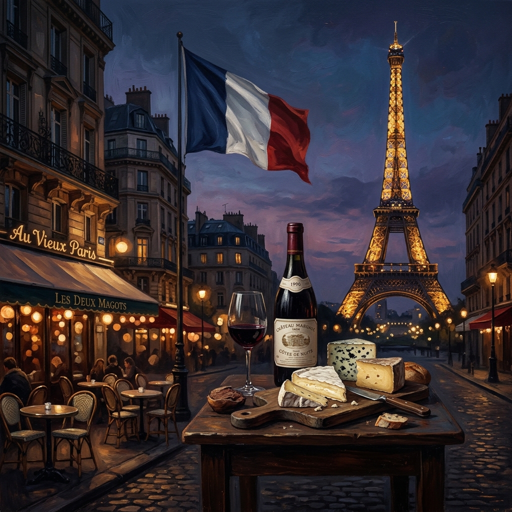French cultural background — Eiffel Tower, wine, cheese, French flag